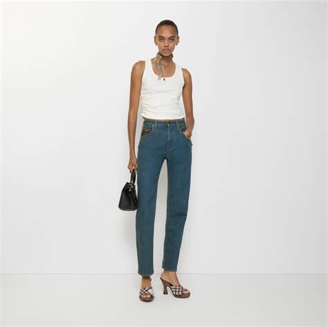 Mid-rise Straight Jeans in Mid blue - Women, Cotton | Burberry® Official