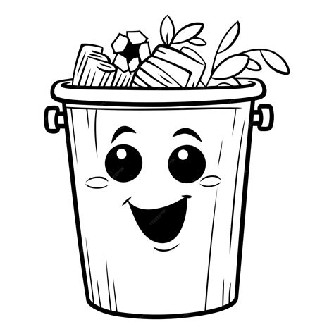 Premium Vector | Cartoon trash can with smiling face Black and white ...