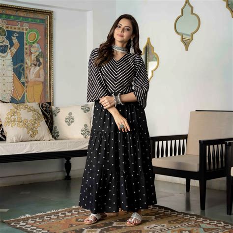 Buy Black Bandhani & Stone Printed Tiered Dress with Flared Sleeves ...