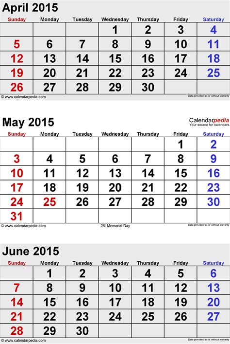 June 2015 Calendars for Word, Excel and PDF