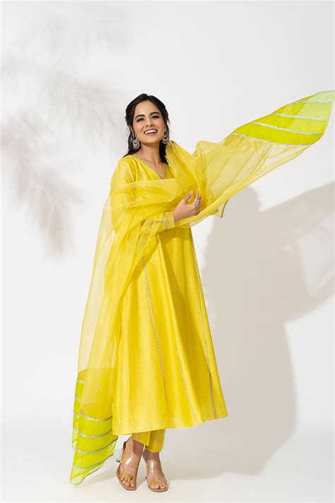 LUCIA- YELLOW PURE CHANDERI LACE EMBROIDERED ANARKALI SET - The Aarya Shop