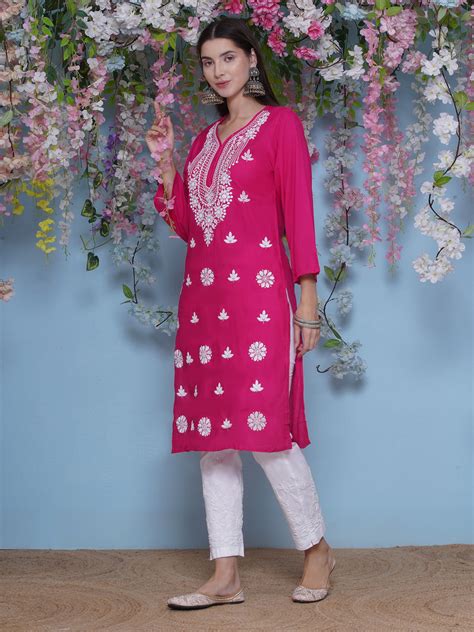 Dark Pink Cotton Chikankari Kurti For Women – Saahiba