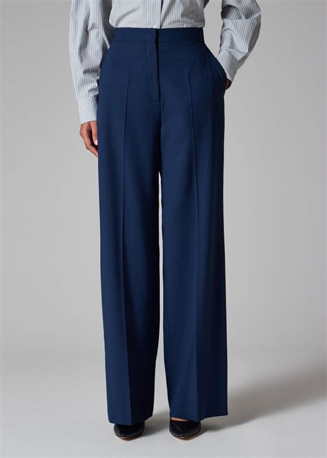 Women's Navy Wool-Hopsack Wide Leg Pants
