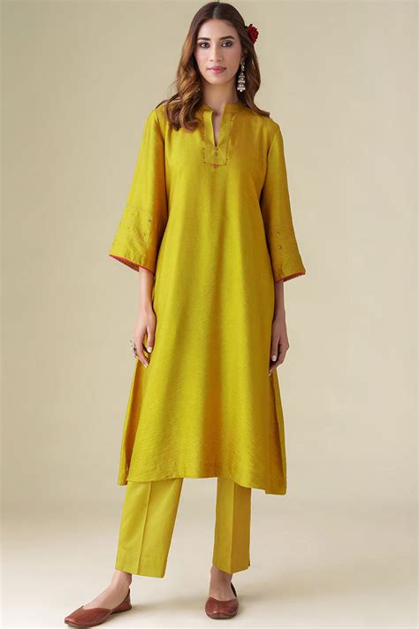 Shop Mustard Hand-Embroidered Kurta & Pant Set (Set of 2) by MUSHIO at ...