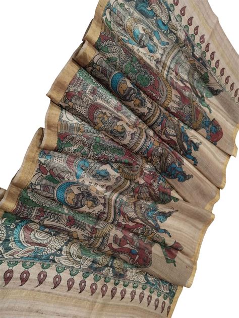 Tussar Kalamkari Hand Painted Silk with Women Design Dupatta