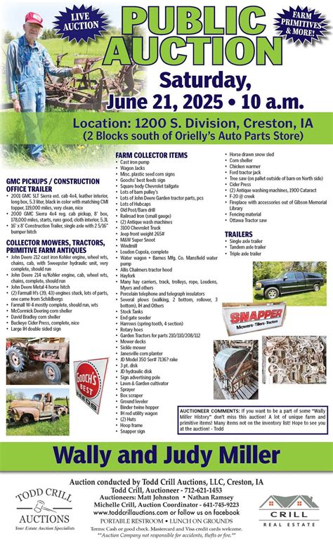 WALLY AND JUDY MILLER AUCTION , 1200 S Division St, Creston, IA 50801 ...