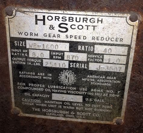 8 HP (6 KW), RPM INPUT 870, 40 RATIO, RPM OUTPUT 22, HORSBURGH & SCOTT ...