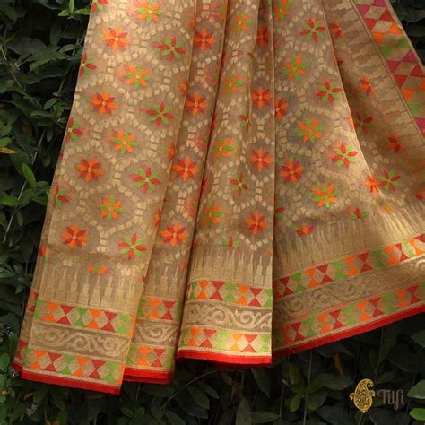 Beige Pure Kora Net Banarasi Handloom Saree - Tilfi