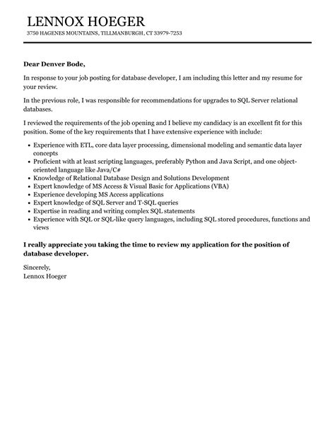 Image result for Database Developer Cover Letter