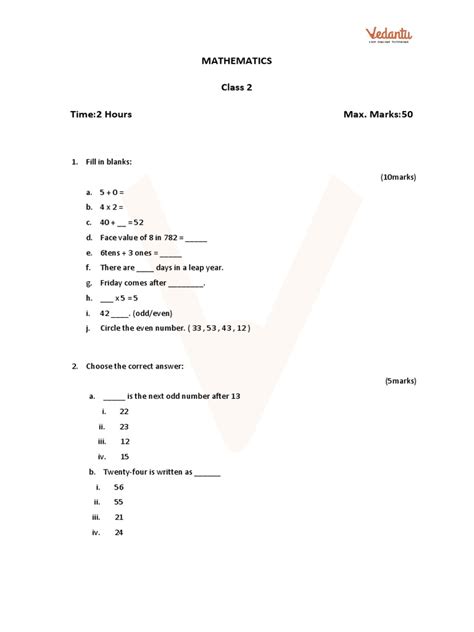 Image result for Class 2 Maths Question Paper