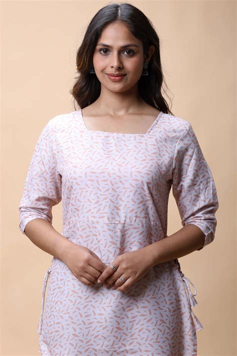 Buy Peach Printed Long Kurta With Drawstrings For Women online – All There