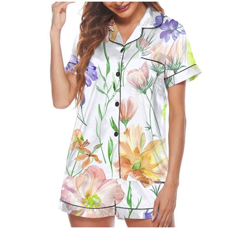 Sakmal Short Sleeve Womens Pajama Sets Shorts Pant Floral Satin Button ...