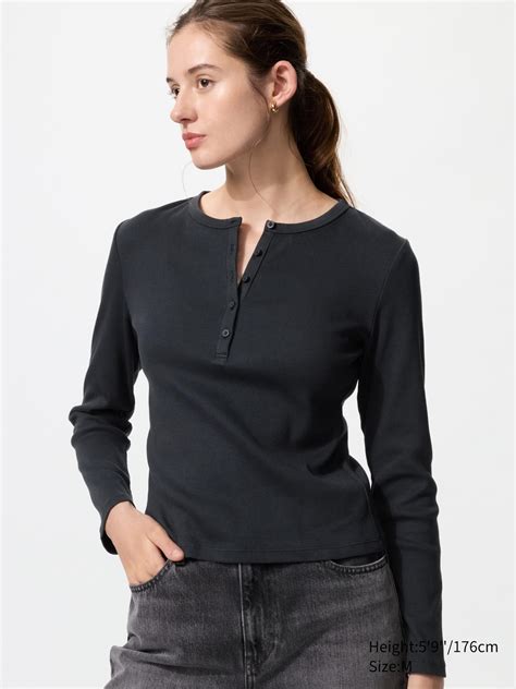 Women's Ribbed Henley Neck Long Sleeve T-Shirt | UNIQLO AU
