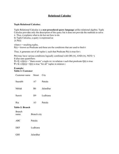 Relational Calculus - Tuple it. Thus, it explains what to do but not ...