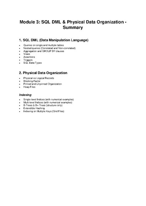 summary of module 3 - Module 3: SQL DML & Physical Data Organization ...