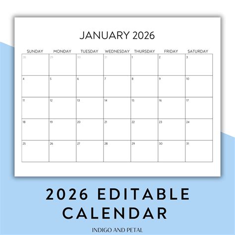 2026 Monthly Calendar | Editable Calendar | Calendar Template | Blank ...