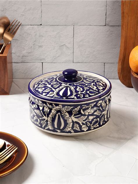 VarEesha Hand Painted Blue Mughal Ceramic Serving Bowl with Lid