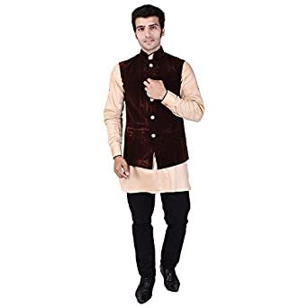 Veera Paridhaan Men Velvet Plain Chinese Collar Nehru Jacket (Brown ...
