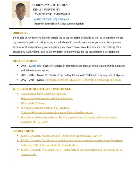Resume attached - Essay - OCHIENG WYCLIFFE OTIENO KIBABII UNIVERSITY ...