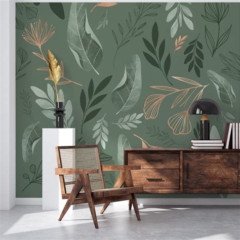 Leaf Line Green Wallpaper - Shop Nature-Inspired Wallpapers | Happywall