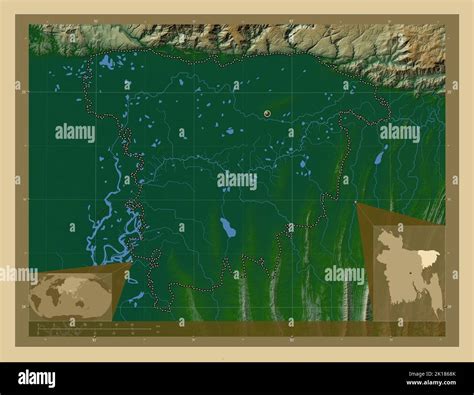 Sylhet, division of Bangladesh. Colored elevation map with lakes and rivers. Corner auxiliary ...