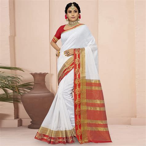 White Solid With Woven Border Cotton Blend Saree