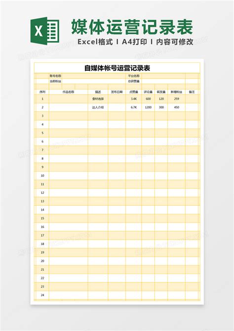 黄色简约自媒体帐号运营记录表模版Excel模板下载_熊猫办公
