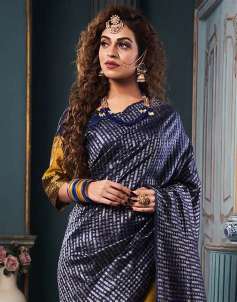 Navy Blue & Mustard Yellow Banarasi Silk Saree With Zari Weaving Work ...