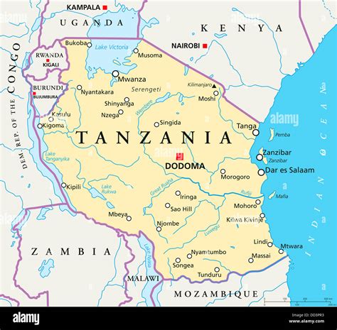 Political map of Tanzania with capital Dodoma, national borders Stock Photo: 59705383 - Alamy