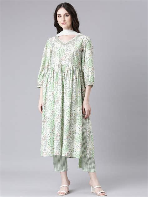 Neerus Lime Green Printed Straight Kurta and Trousers With Dupatta ...