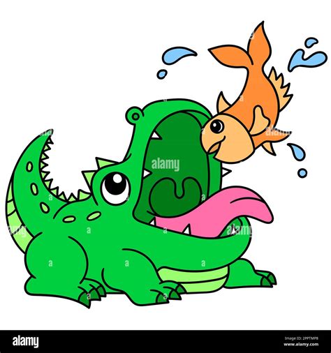 ferocious crocodile trying to prey on small fish, doodle icon image ...