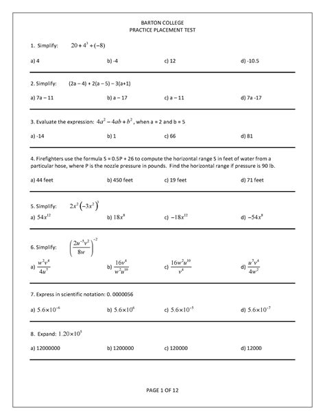 Practice math placement test - PRACTICE PLACEMENT TEST 1. Simplify: 20 ...