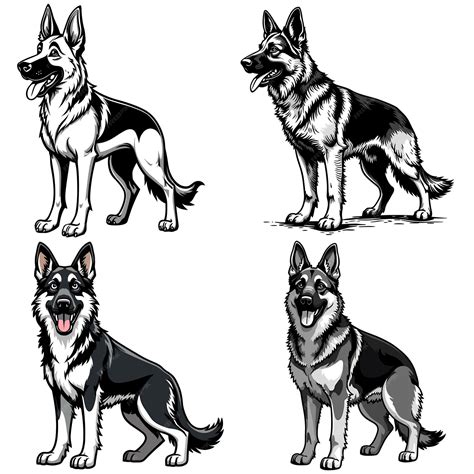 German Shepherd dog black and white vector illustrations set | Premium ...
