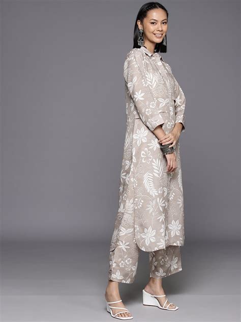 Varanga Women Grey Shirt Collar Side Slit Tunic With Tonal Printed ...