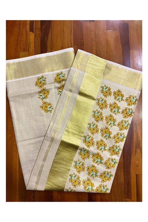 Kerala Tissue Kasavu Saree with Floral Prints on Body and Kasavu Borde ...