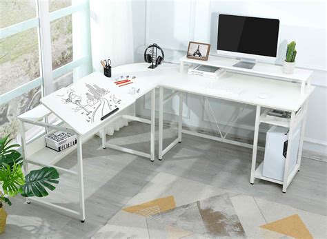 Llike White L Shaped Desk with Tiltable Desktop - Perfect India | Ubuy