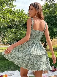 Aveloria Random Ditsy Floral Print Shirred Layered Hem Cami Dress ...