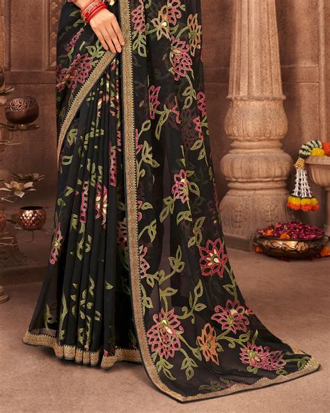 Vishal Prints Black Brasso Saree With Foil Print And Zari Border