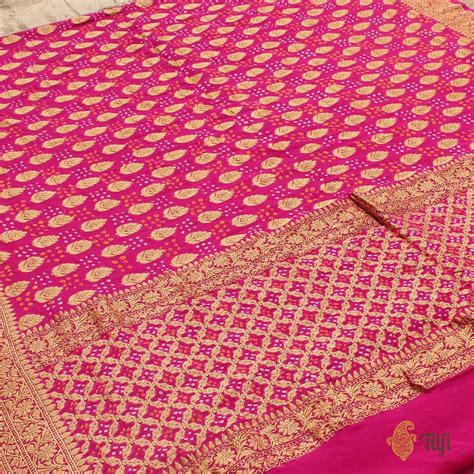 Rani Pink Pure Georgette Banarasi Bandhani Handloom Saree - Tilfi