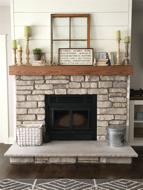 Natural lannon stone fireplace, shiplap Farmhouse Fireplace Mantel ...