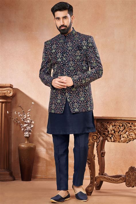 Buy Embroidery Work Navy Blue Color Banarasi Silk Fabric Wedding Wear Read