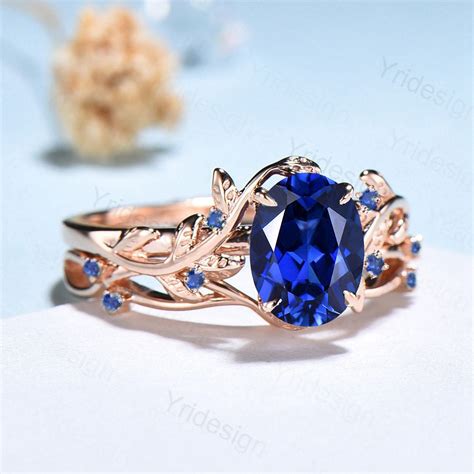 Vintage blue sapphire wedding ring set Leaf twig engagement ring set A ...