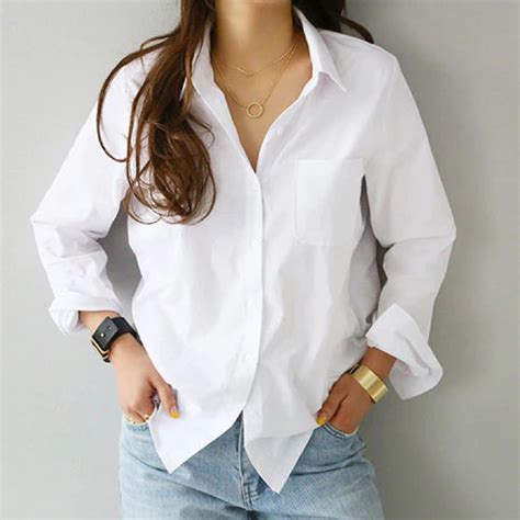 Women Classic Blouse Shirt Top Long Sleeve Casual White Turn-down ...