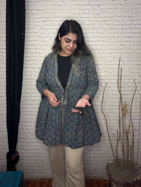Indigo Green Ajrakh Hand Block Printed Shrug with Gathers – Kasaa Hues