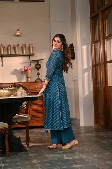 Karaj Jaipur Teal Blue Printed Kurta Set