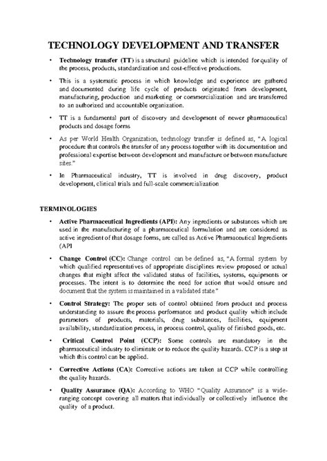 Technology Transfer in Pharmaceutical Development: Part 1 Overview ...