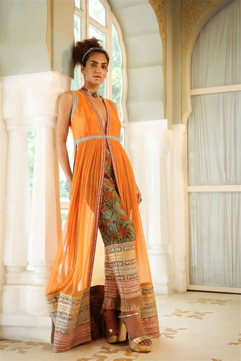 Dilruba narangi longline ruched jacket & pants set – Pallavi Jaipur