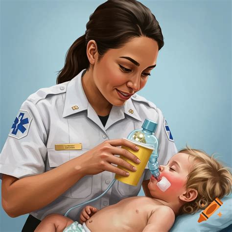 Paramedic assists toddler with oxygen blow-by technique on Craiyon