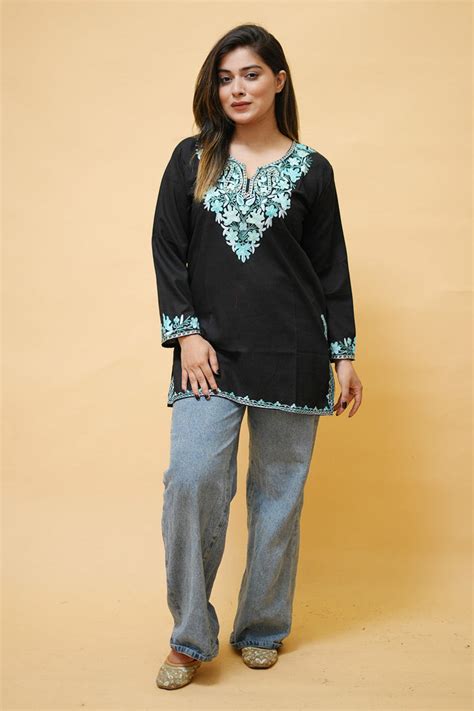 Black cotton aari work kurti with multicoloured neckline embroidery