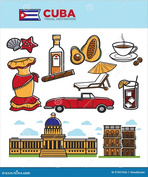 Cuba Travel Landmarks Symbols and Tourist Sightseeing Vector Icons ...